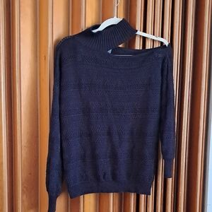 Soho Dark Blue Cold Shoulder Knit Sweater